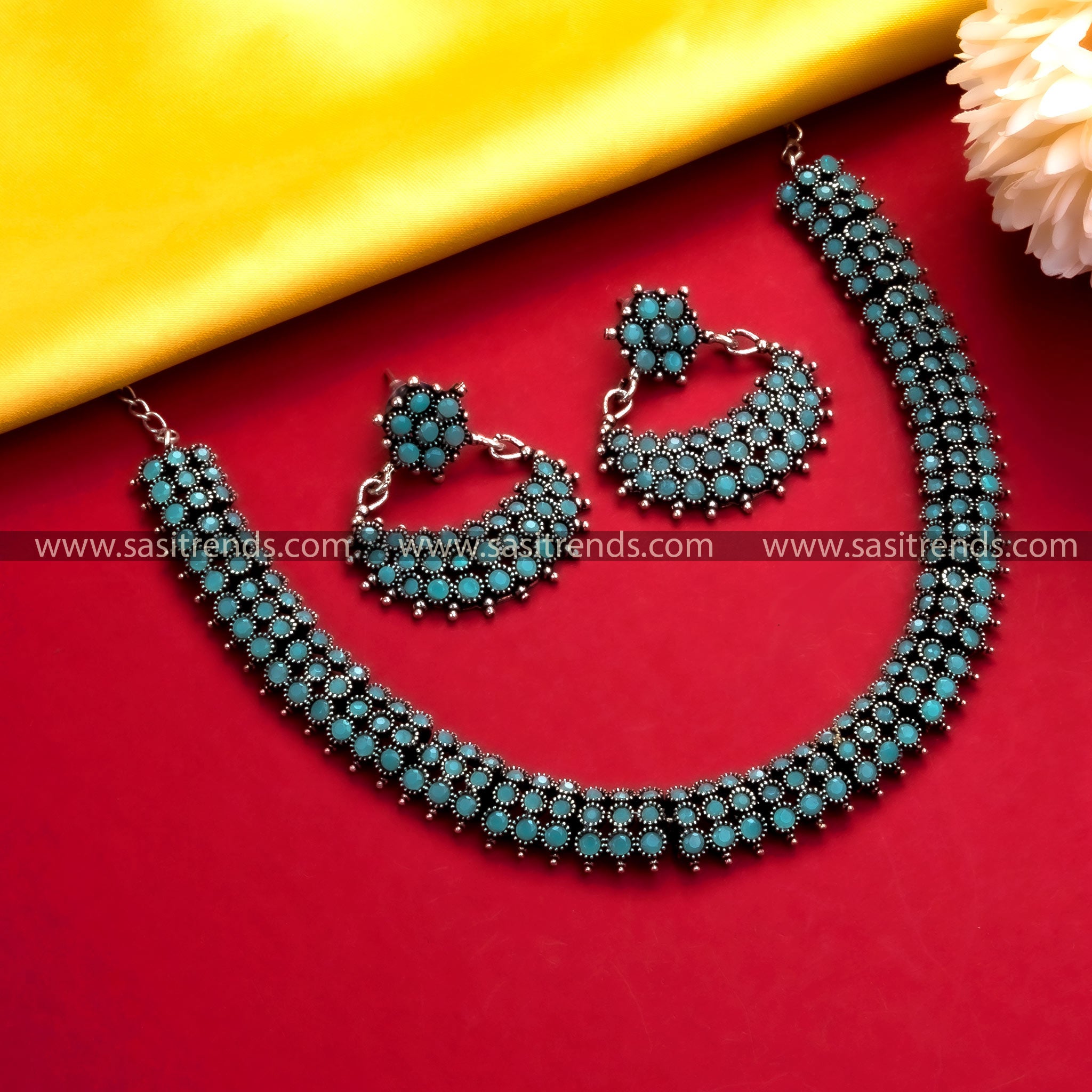 Trendy Multi-Color Stone Necklace Set - Oxidised German Silver Party Wear Collection