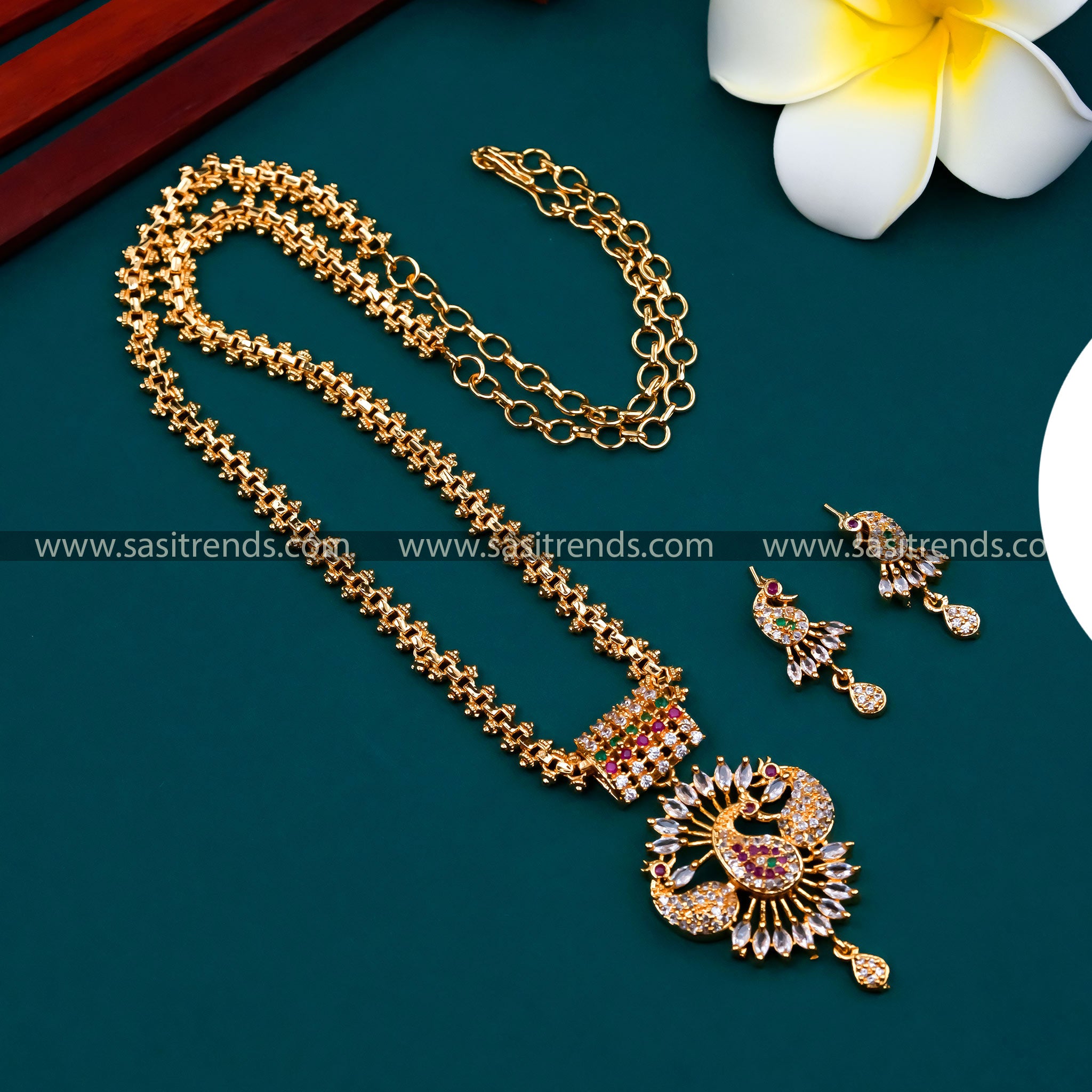 Dazzling Peacock Pendant Gajiri Chain - Micro Gold Plated with AD Stones - Perfect for Festive and Wedding Attire