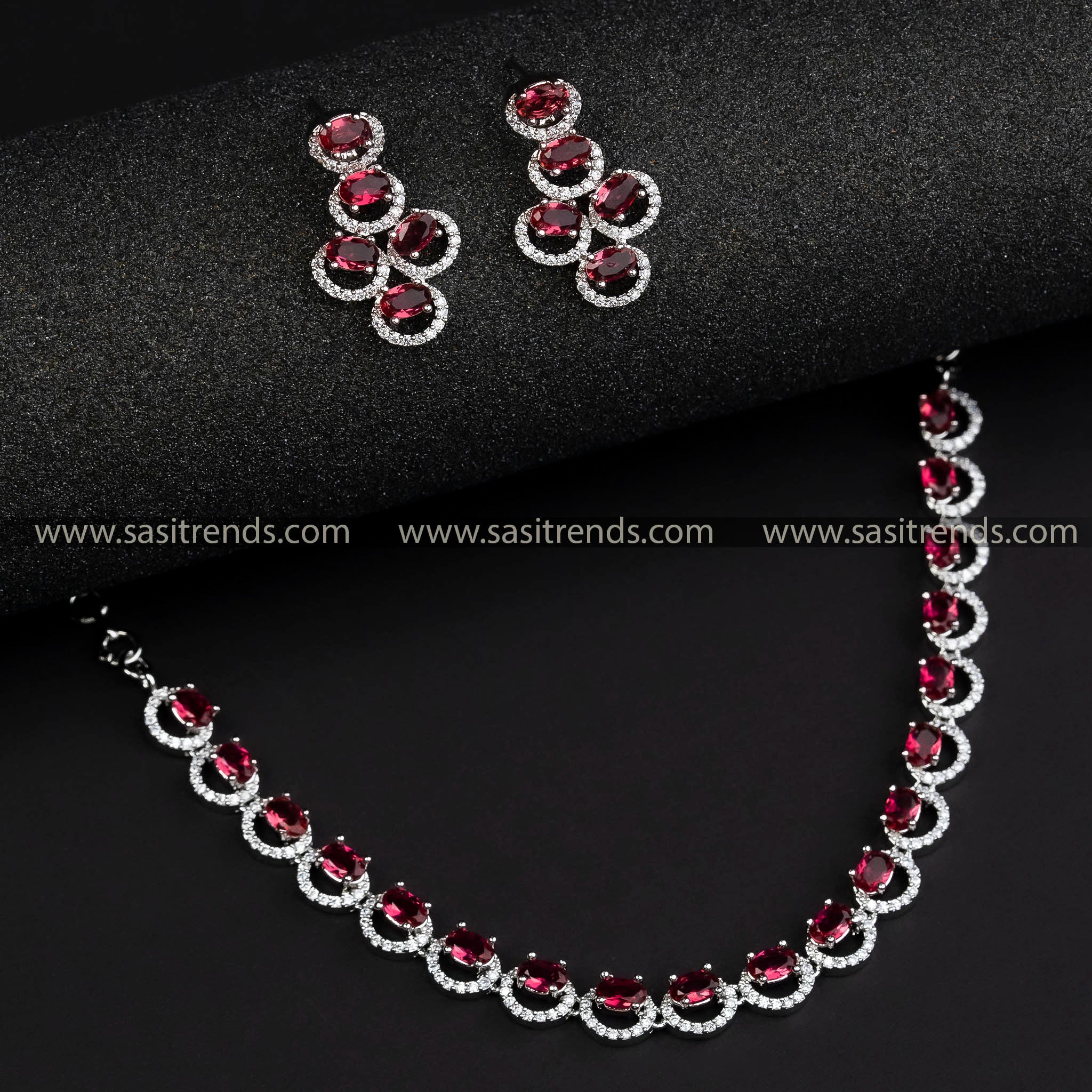 Party-Ready Rhodium Silver Plated AD Necklace with Striking Red Stones - Latest Collection