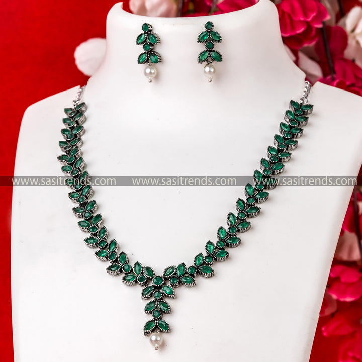 Trendy Oxidised German Silver Necklace with Green Stones and Pearl Drops