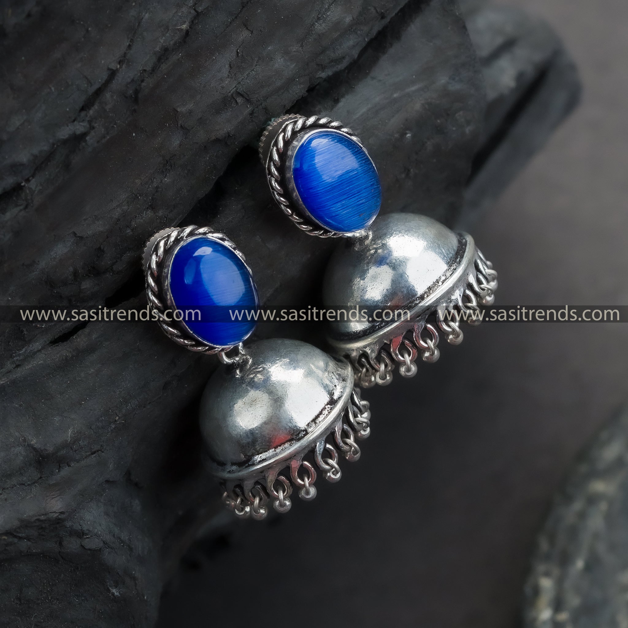 Trendy Traditional Oxidized German Silver Jhumka Earrings with Oval Monalisa Stone | Sasitrends - Sasitrends