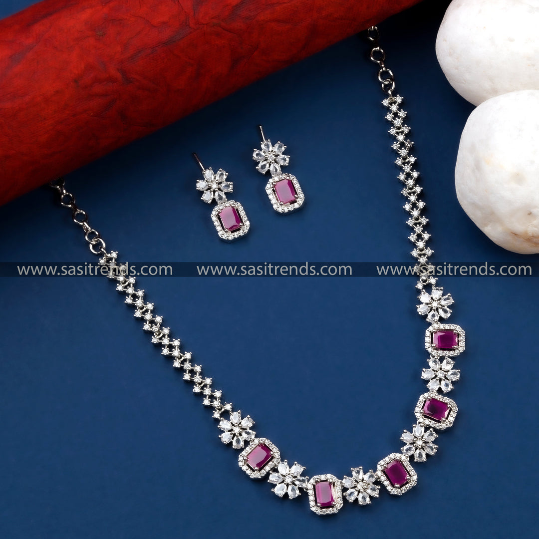 Exquisite Ruby Red Rhodium Silver Plated AD Necklace Set with Floral Motifs - Latest Trendy Jewelry