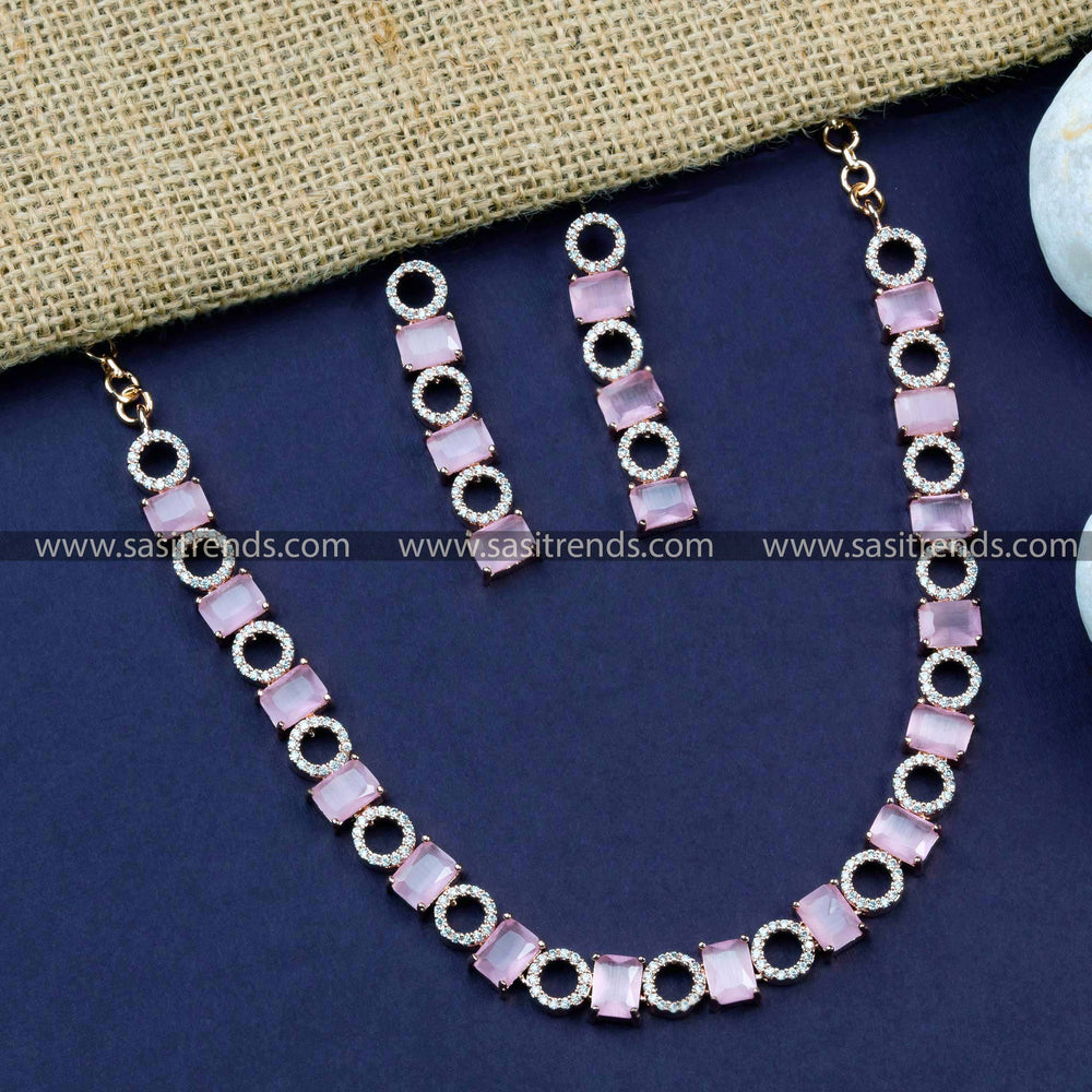 Trendy Pink Stone Studded Rose Gold Plated AD Necklace Set - Perfect for Parties