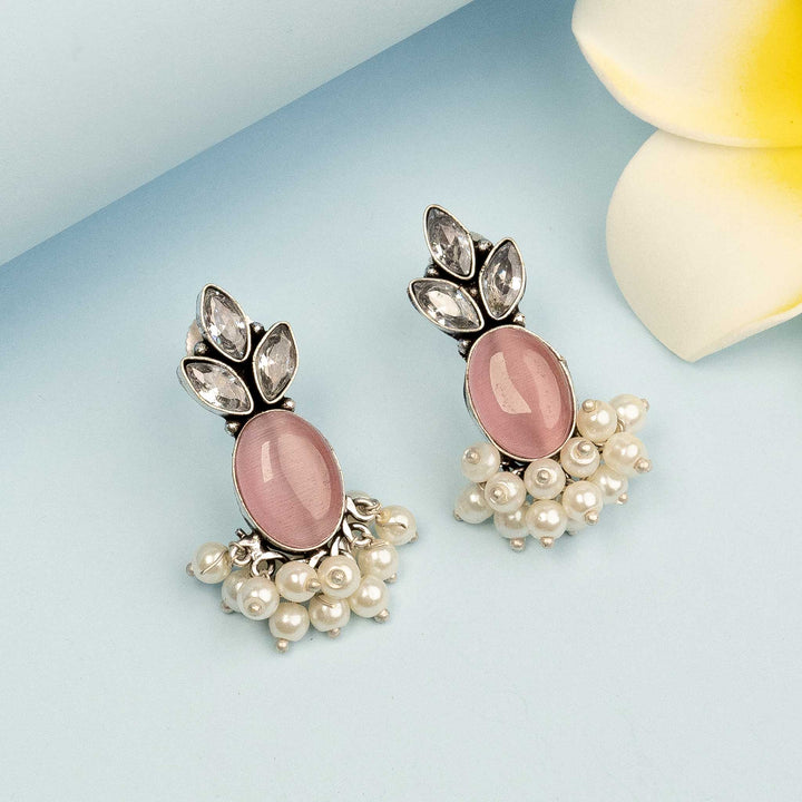 Trendy Pink Oxidised Silver Tone Earrings with Monalisa Stones