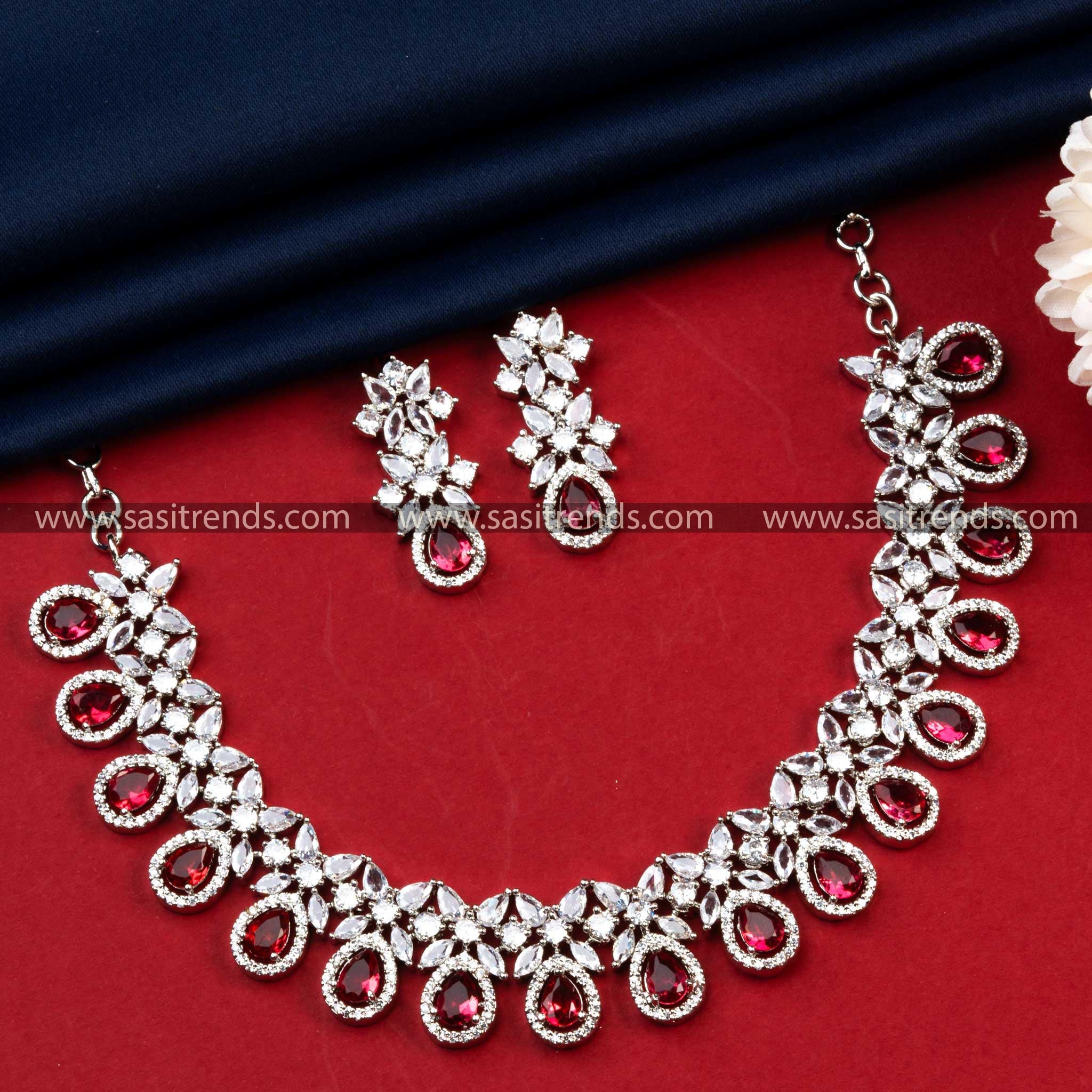 Elegant Party Wear Rhodium Silver Plated AD Necklace with Ruby Red Stones - Stunning Women's Jewelry Accessory