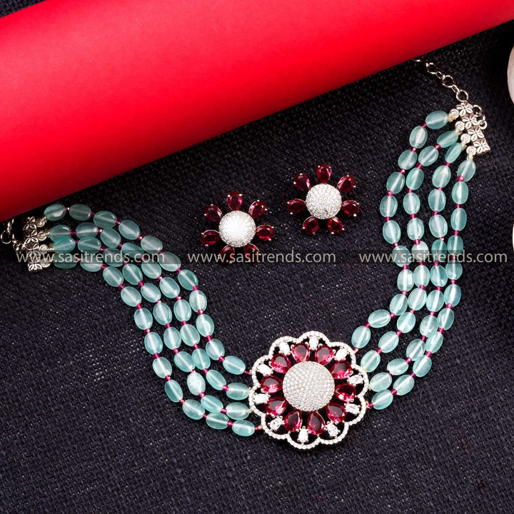 Red Beauty Choker Necklace in Stunning Stone Design – Perfect Party Wear with Rhodium Silver Plating and AD Stones, Monalisa Stones