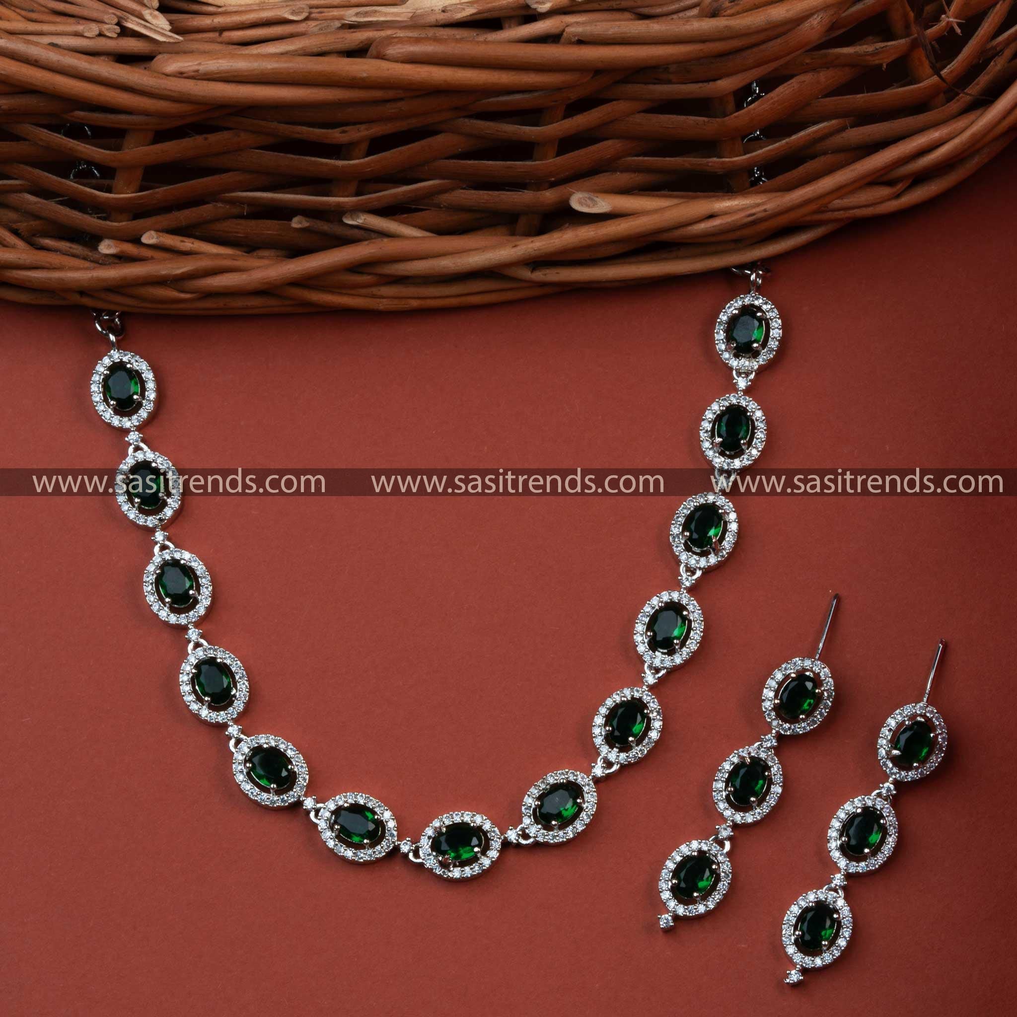 Add a Touch of Elegance with a Rhodium Silver Plated Necklace Featuring Stunning Green AD Stones - Ideal for Weddings