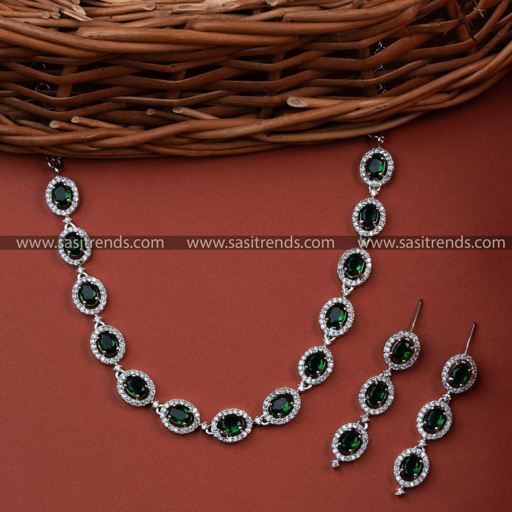 Add a Touch of Elegance with a Rhodium Silver Plated Necklace Featuring Stunning Green AD Stones - Ideal for Weddings