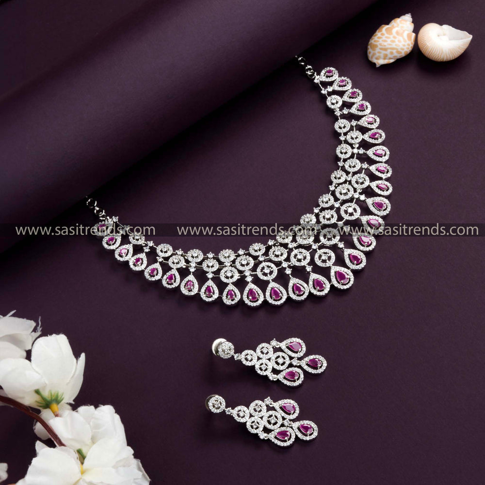 Rhodium Silver Plated Wedding Party Wear Choker Necklace Set with Rich Ruby Red American Diamond Stones