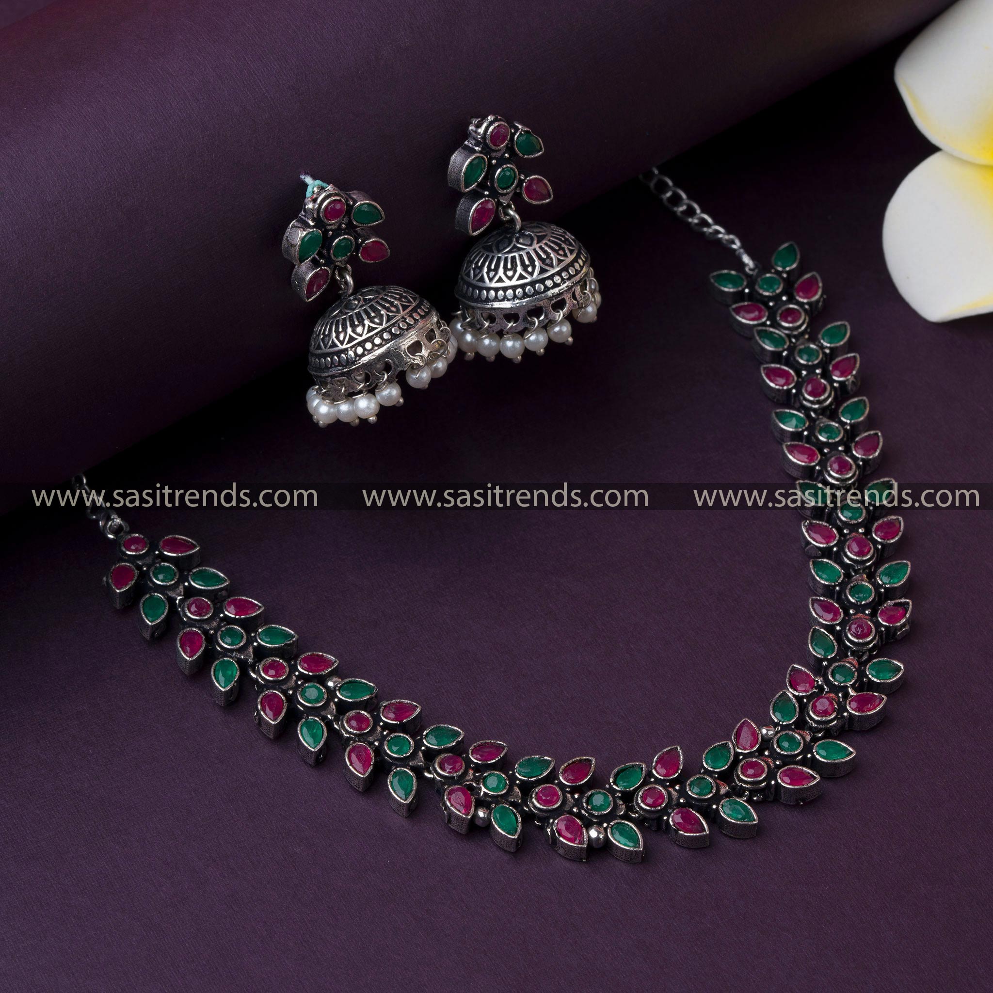 Stylish Oxidized German Silver Necklace & Pearl Jhumkas with Ruby-Green Stones 