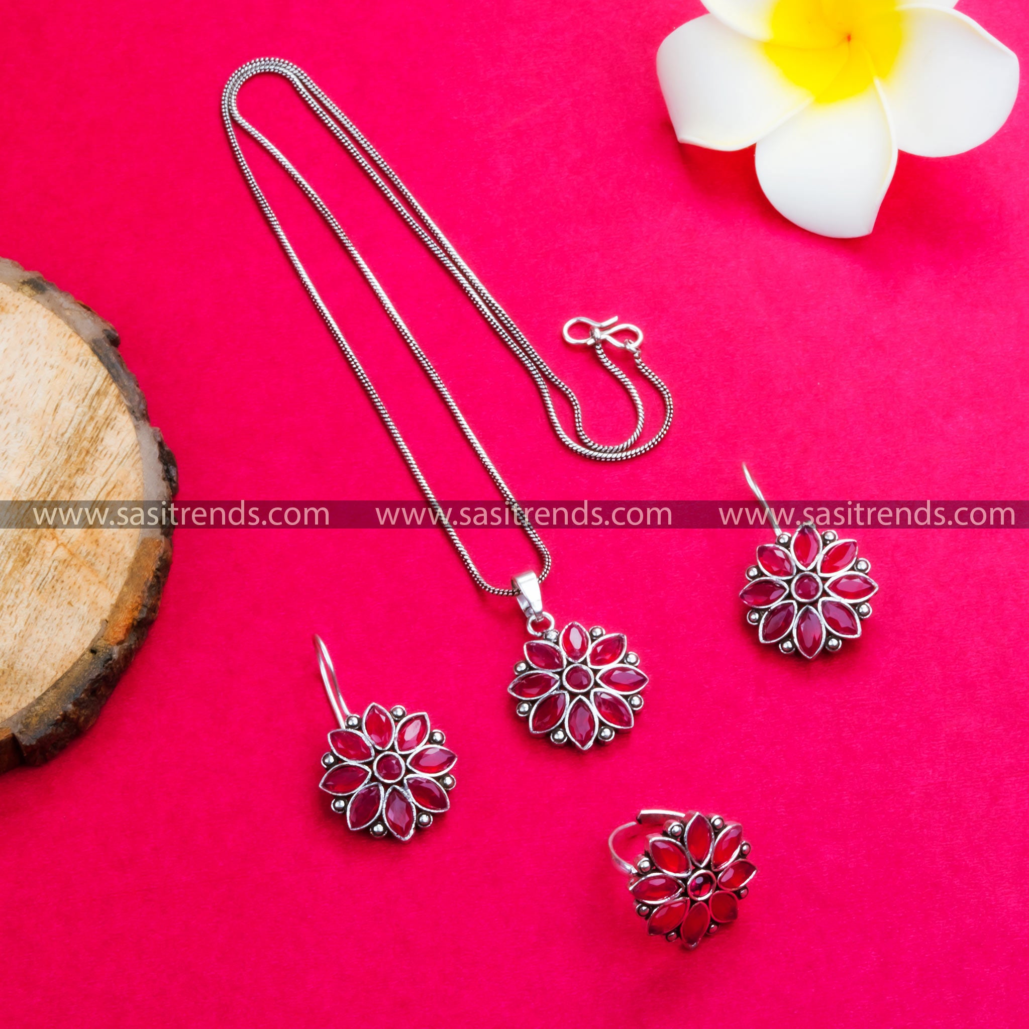 Luxurious Flower Pendant Necklace Set - Oxidised German Silver with Ruby Stones, Ideal for Parties and Traditional Wear