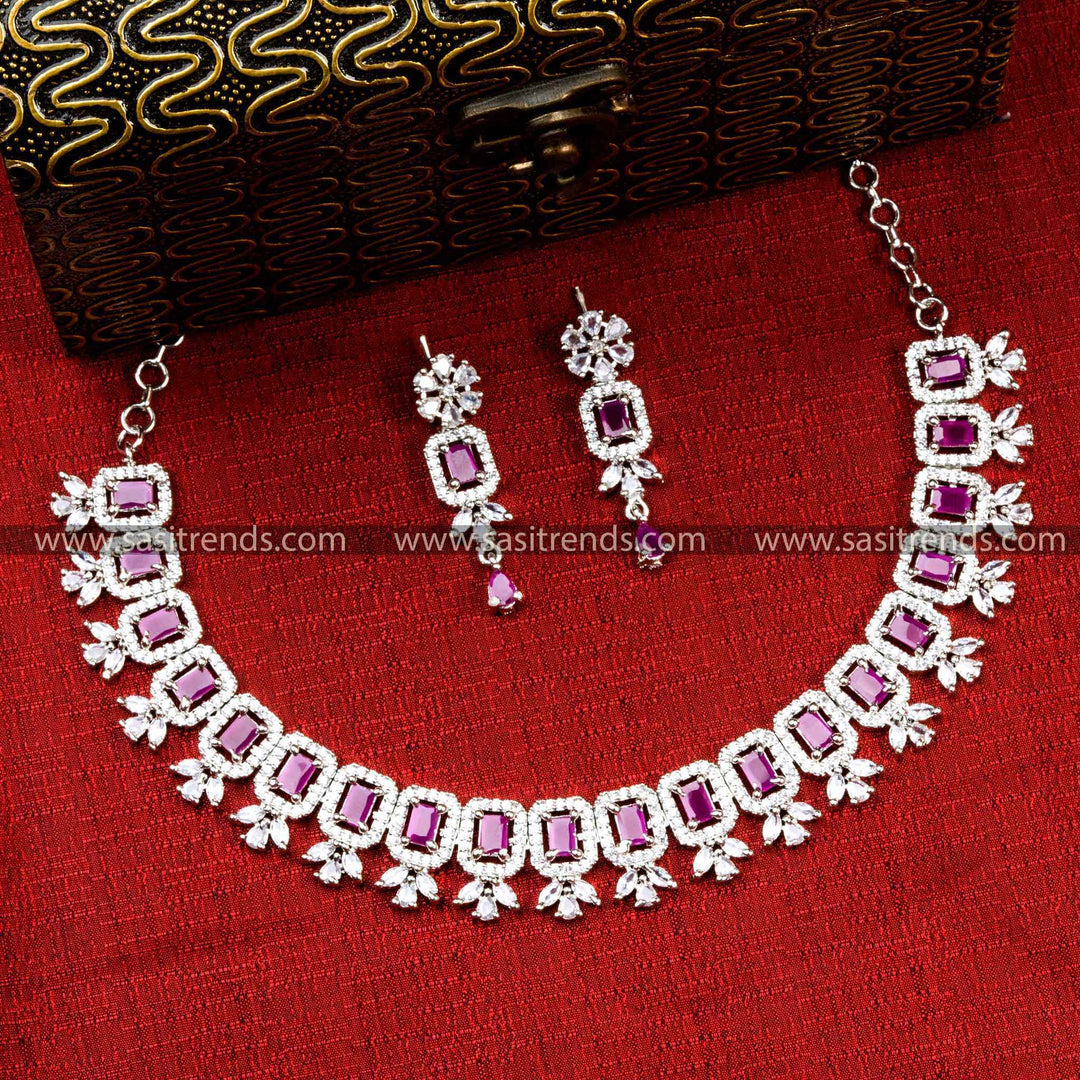 Rich Look Rhodium Silver Plated Necklace Set with Gorgeous Ruby Stones and Floral Pattern - Ideal for Special Occasions