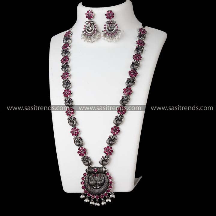 Stunning Oxidised German Silver Necklace Set with Peacock Chandbali Pendant and Beautiful Ruby Stones 