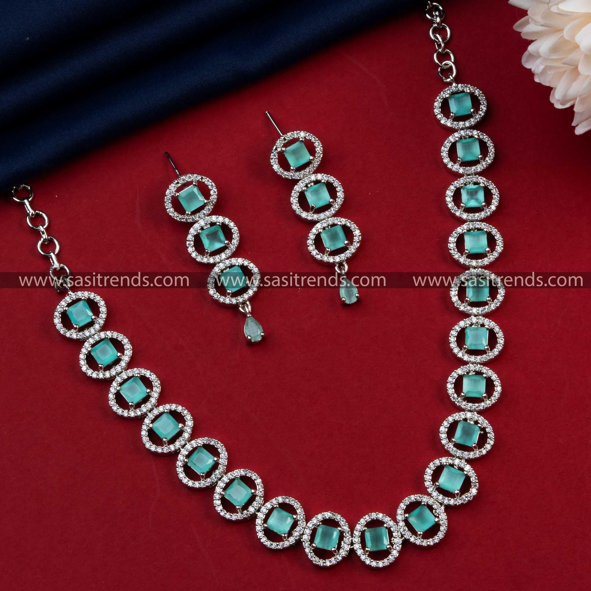 Enhance Your Look with Mint AD Stone Rhodium Silver Plated Necklace Set - Perfect for Festive Occasions