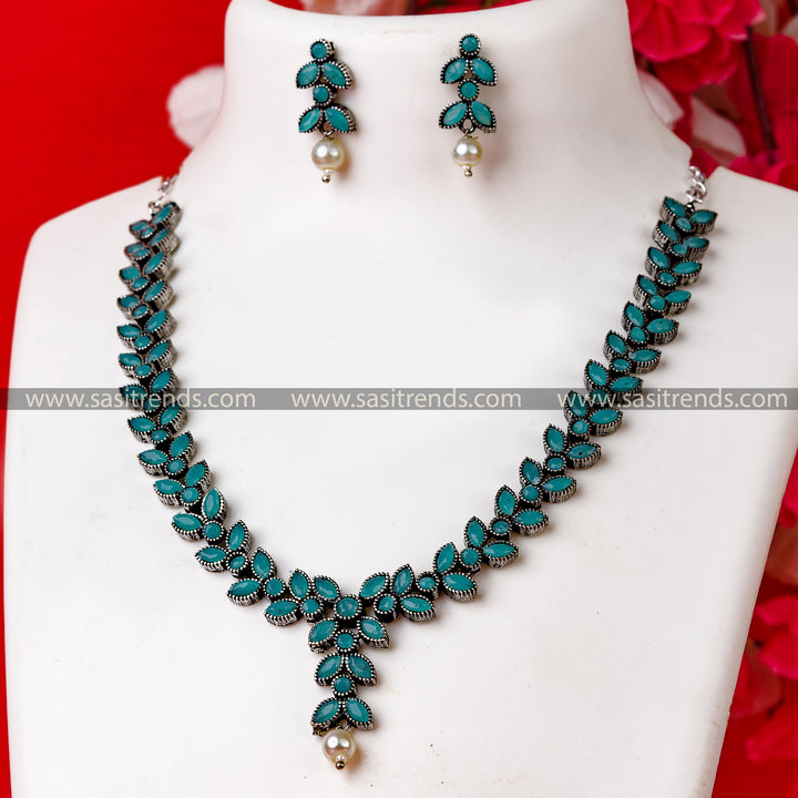 Mint Stone Necklace Set with Floral Motif | Party Wear Oxidised Silver Jewelry