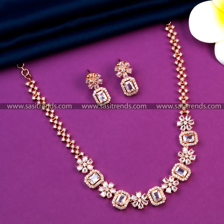 Elegant Rose Gold Plated Necklace Set with White AD Stones - Perfect for All Occasions