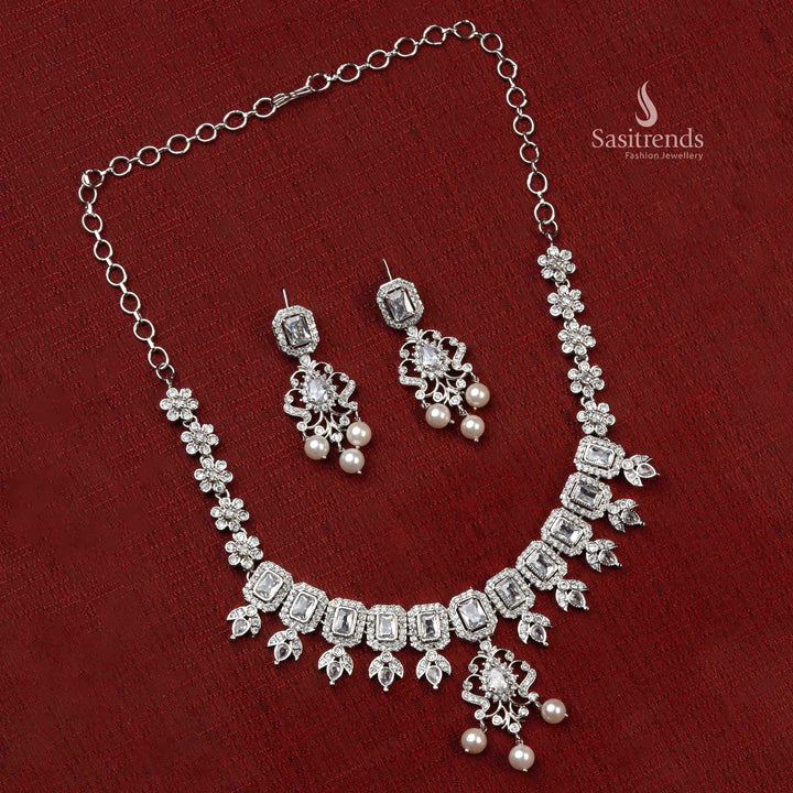 Latest Trendy Rhodium Silver Floral Party Wear Jewellery Set with American Diamonds Stones | Sasitrends