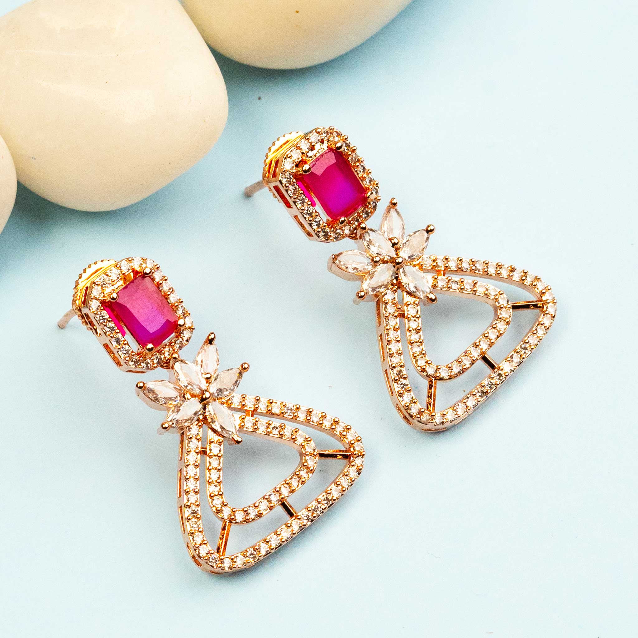 Radiant Rose Gold Earrings with Ruby American Diamonds - Daily Office Use