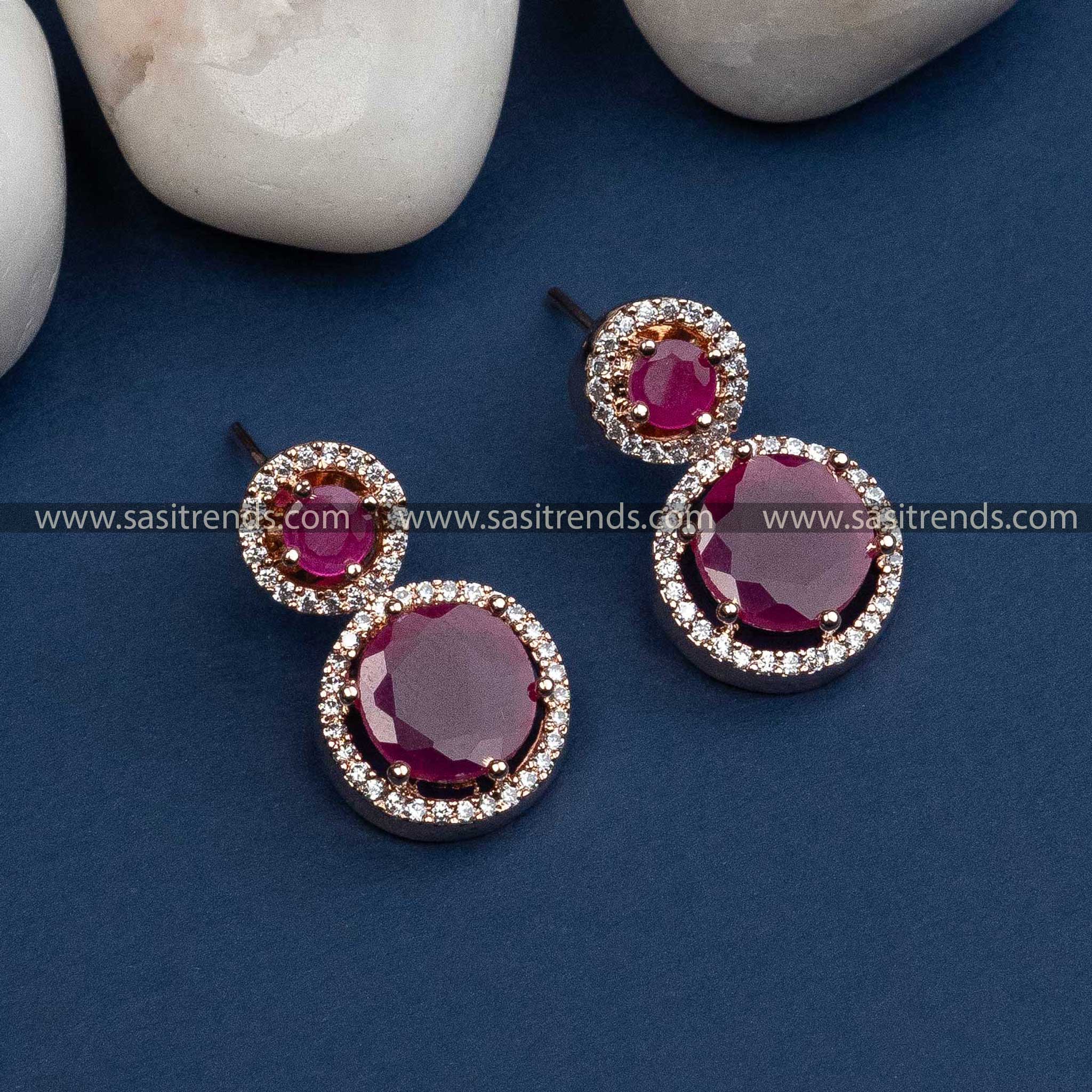 Charming Ruby Stone Rose Gold Plated Earrings with American Diamond Stones