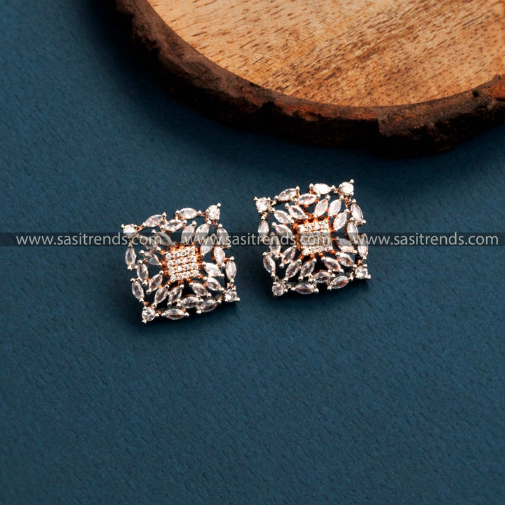 Rich Look Party Wear Earrings with Stunning Square Motif - American Diamond Stones | Sasitrends - Sasitrends