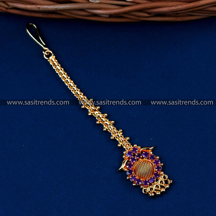 Trendy Micro Gold Plated Floral Maang Tikka with American Diamond Stones & Bead Drops | Sasitrends