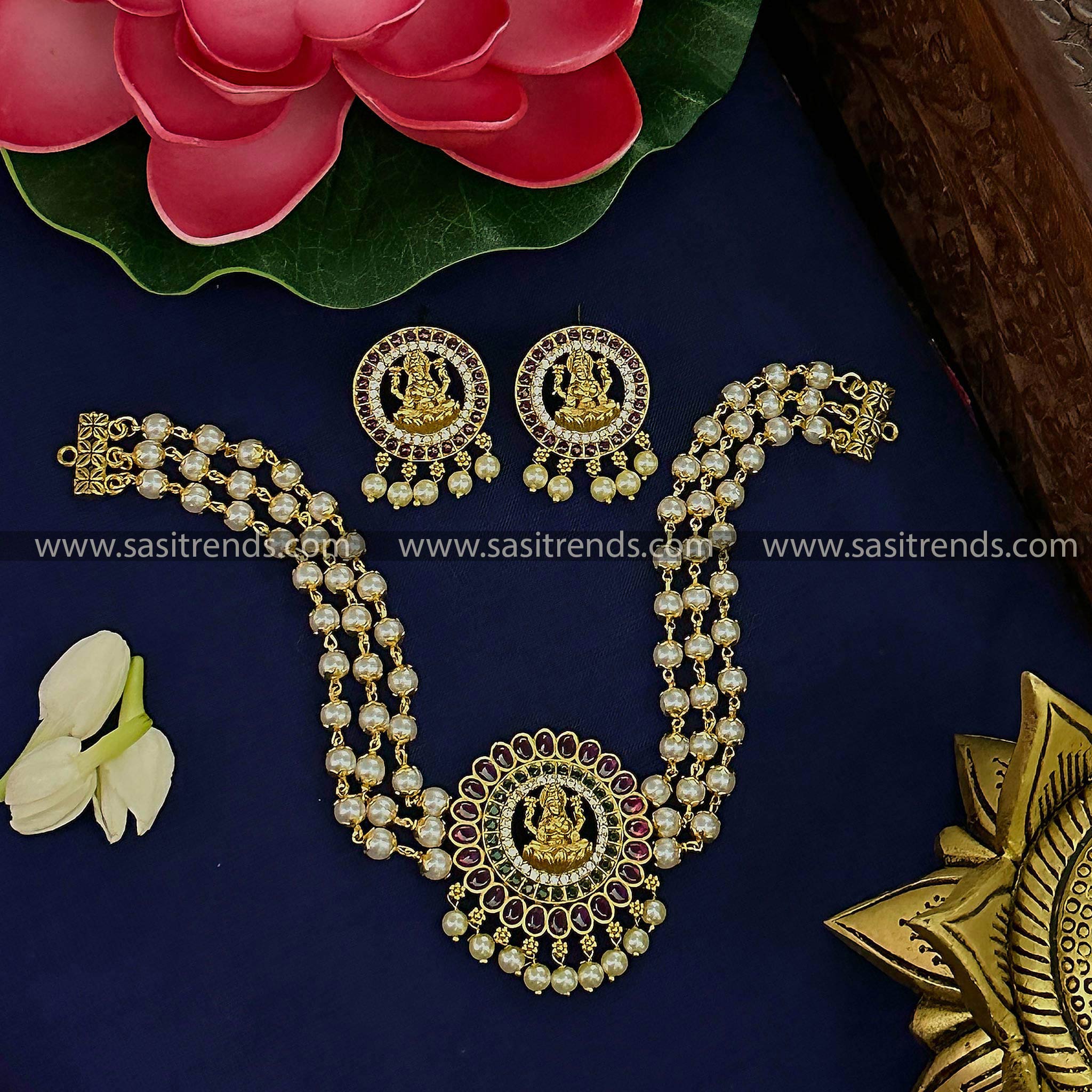 Traditional Temple Gold Plated Lakshmi Pendant Three Layered Pearl Choker  Necklace Set with Kemp Stones, Sasitrends