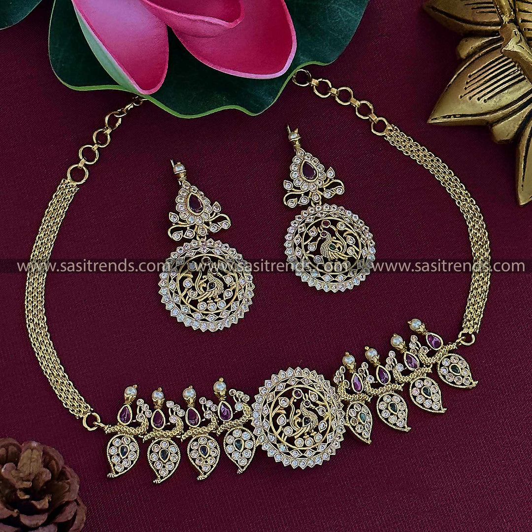 Peacock Choker Necklace Set with AD Stones - Temple Gold Tone Bridal Jewelry