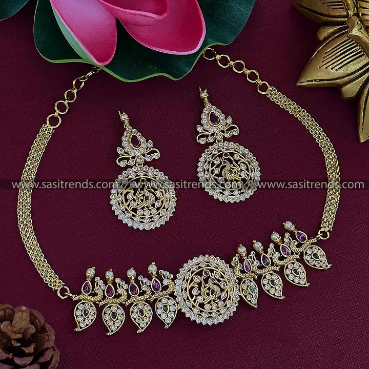 Stunning Peacock Choker Jewellery Set with AD Stones - Temple Matte Gold Tone Bridal Jewellery | Sasitrends