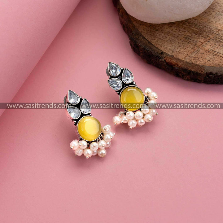 Sunny Yellow Oxidized German Silver Earrings – Monalisa Stone, AD Stones, and Pearl Drops for Women