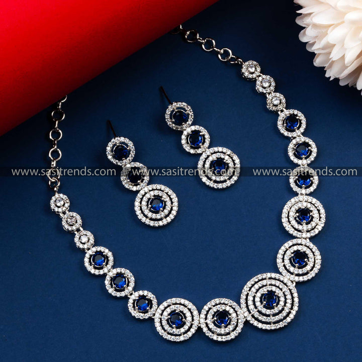 Gorgeous Party Wear Rhodium Silver Plated AD Necklace with Earrings | Sasitrends - Sasitrends