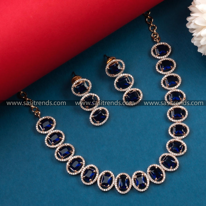 Elegant Blue Stone Embellished Necklace Set - Rose Gold Plated, AD Necklace with Earrings for Women - A Must-Have for Parties