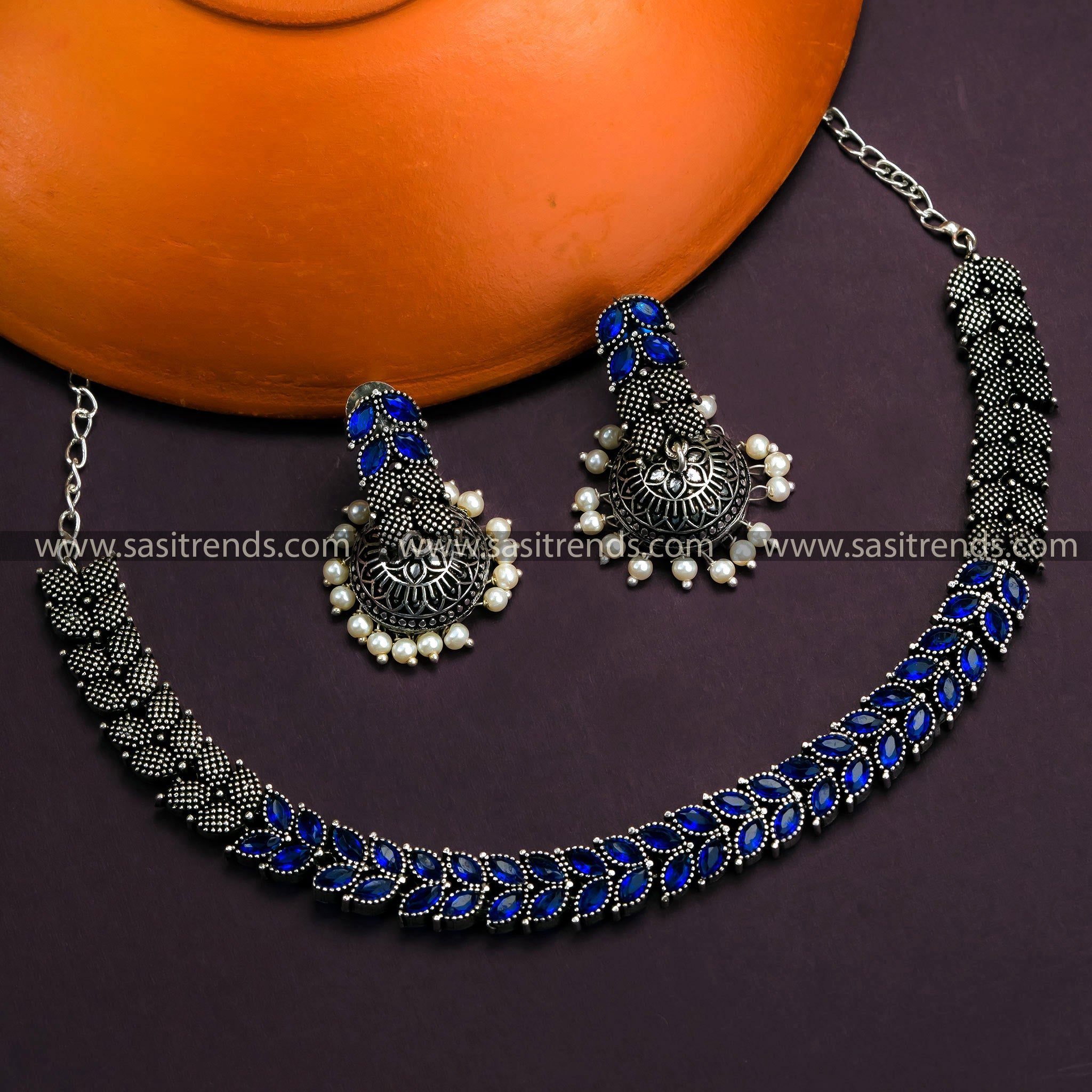 Latest Party Wear Oxidized German Silver Leaf Necklace with Pearl Jhumkas & Blue Stones - Timeless Beauty for Online Shopping