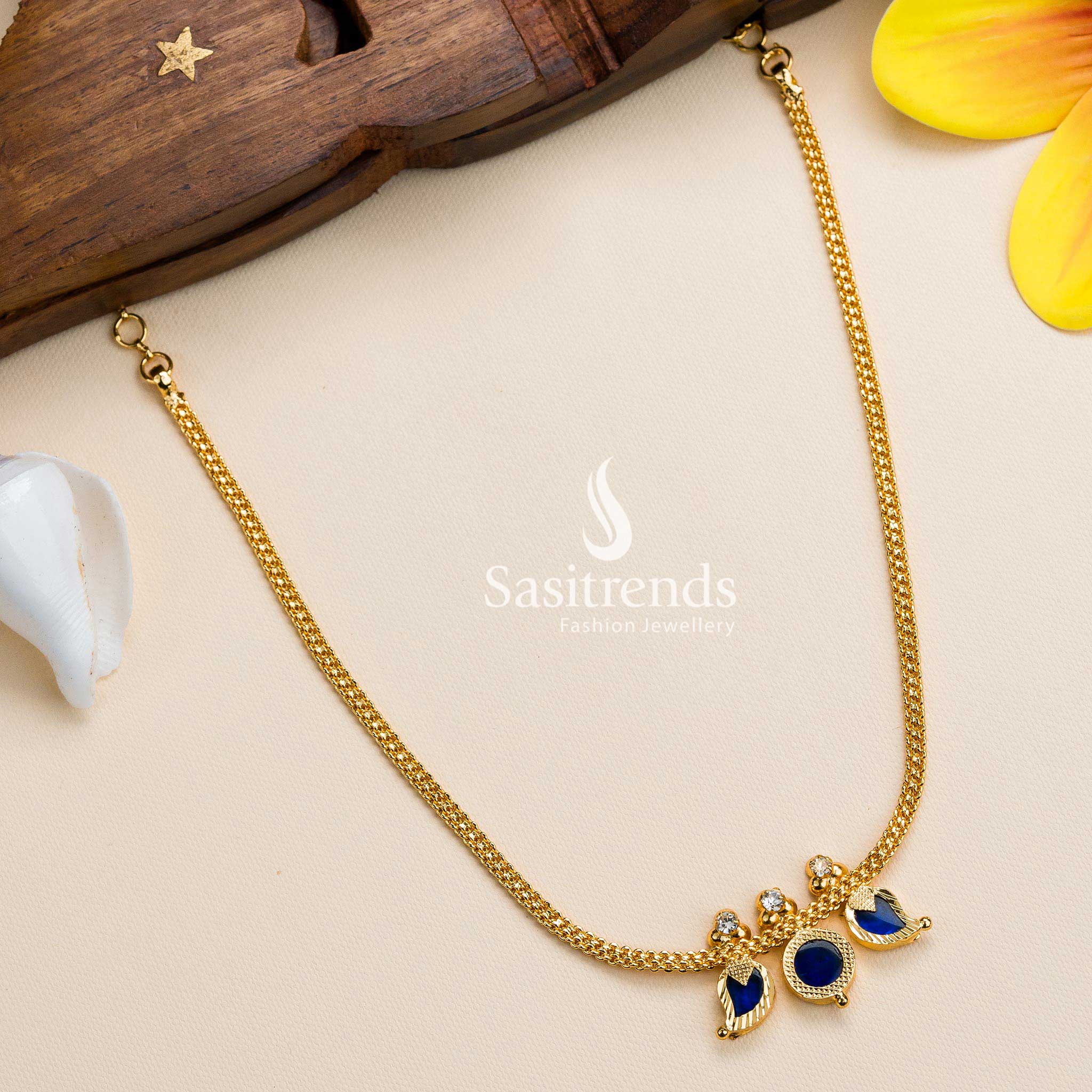 Sophisticated Micro Gold Plated Mango and Round Petals Kerala Necklace with American Diamond Stones in Elegant Blue Shades - Sasitrends