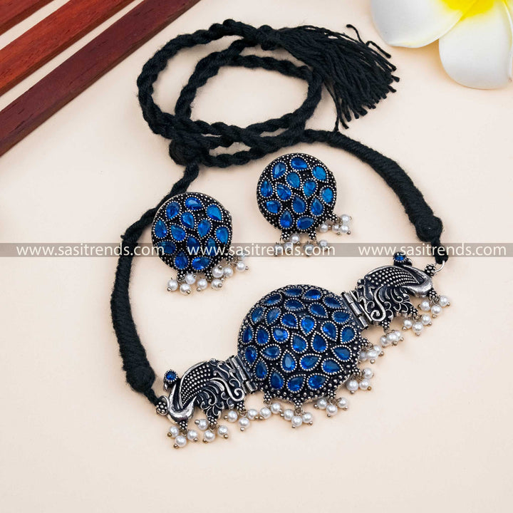 Royal Blue Peacock Oxidised German Silver Pearl Choker Set with Earrings