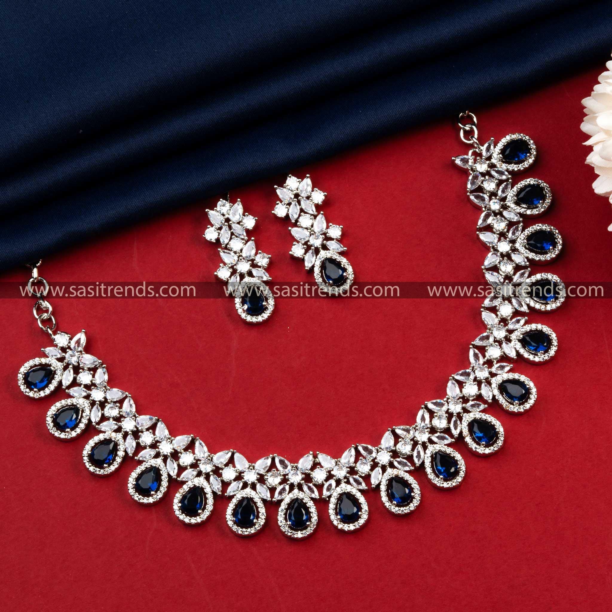 Stunning Rhodium Silver Plated AD Necklace with Captivating Blue Stones - Perfect for Women