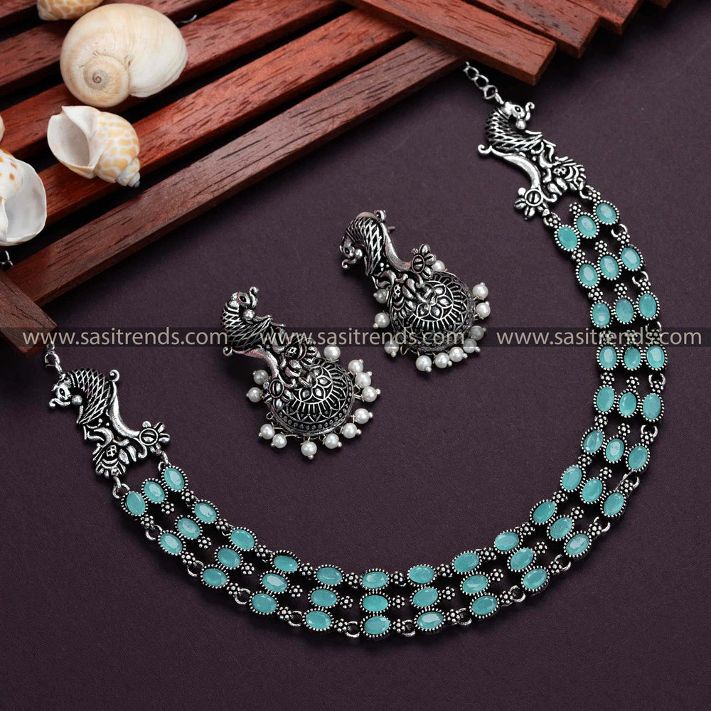 Three-Layered Mint-Stone Oxidised German Silver Necklace with Pearl Jhumkas