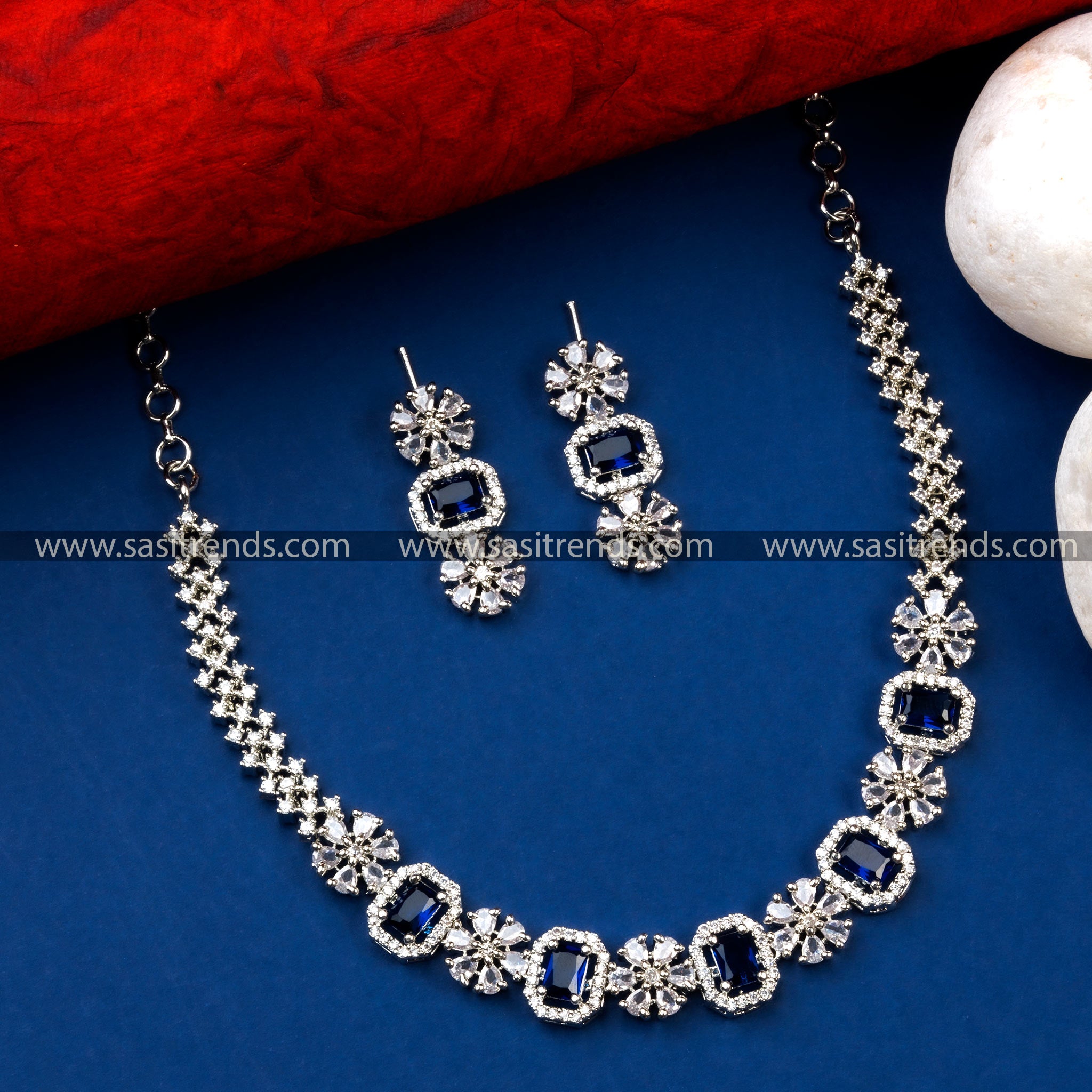 Gorgeous Blue AD Stone Rhodium Silver Plated Necklace Set - Perfect for Parties and Functions