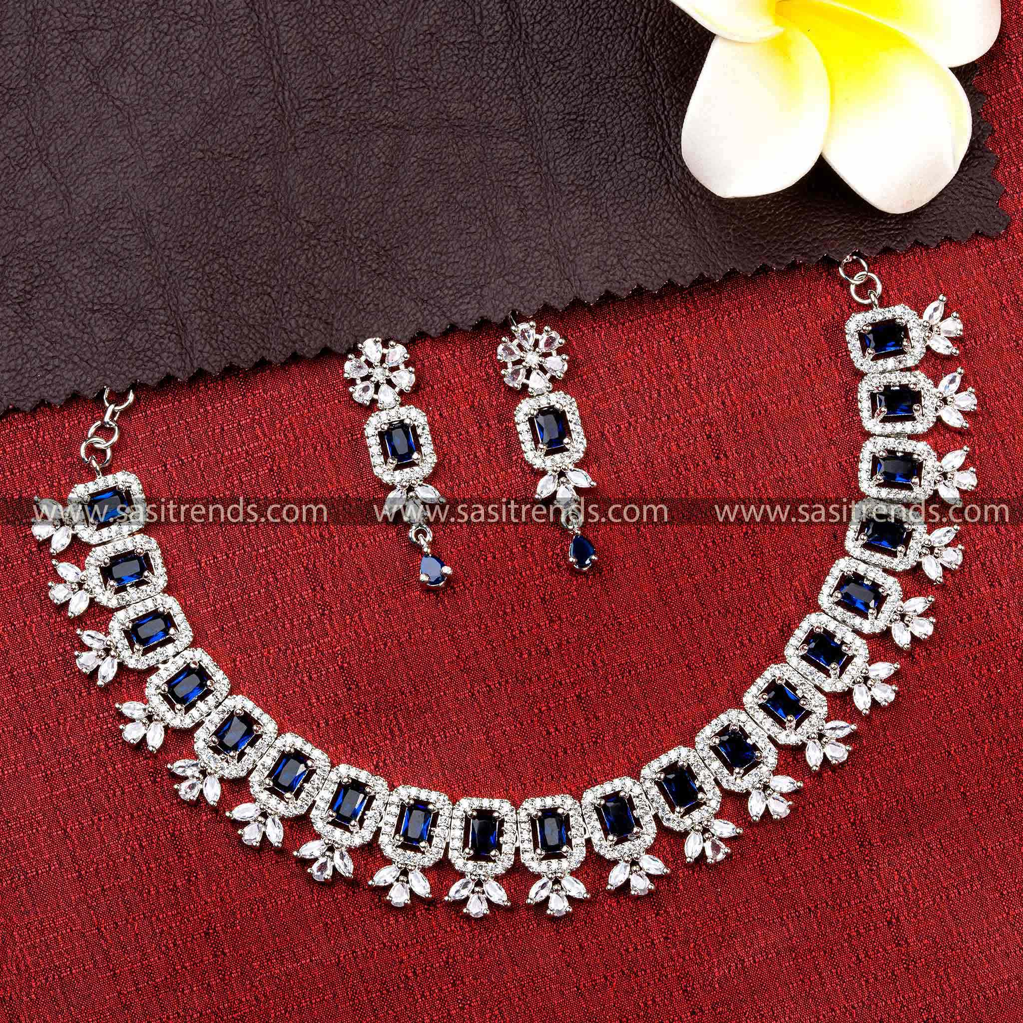 Rhodium Silver Plated Necklace Set with Rich Blue Stones - A Perfect Choice for Festive Celebrations