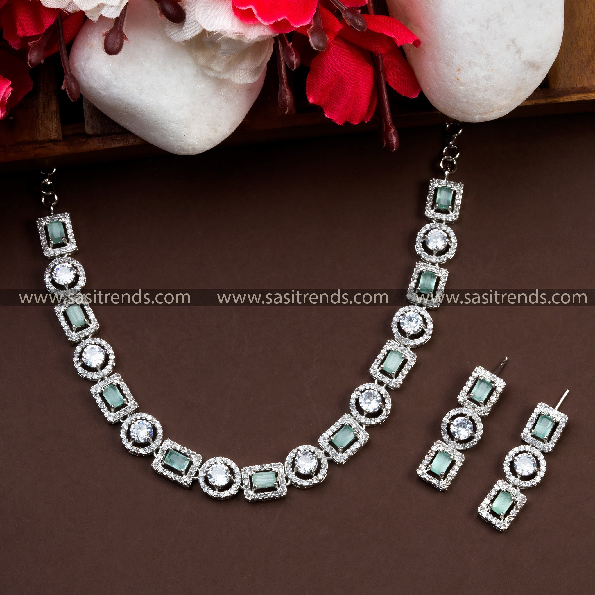 Radiant Rhodium Silver Plated Necklace Set with Captivating Mint Green Stones - Sparkling American Diamond Accents, Ideal for Parties