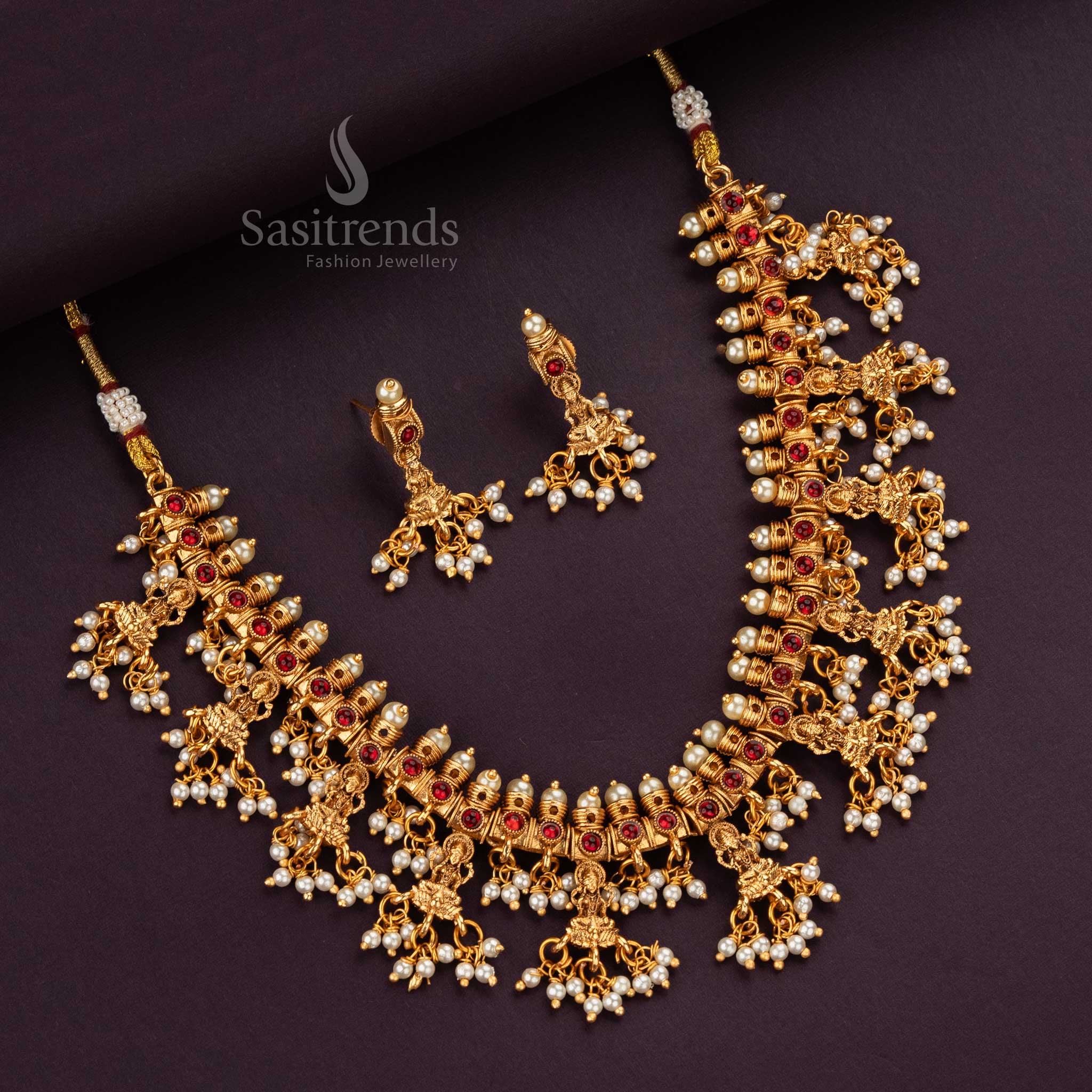 Traditional temple jewellery set with Ruby stones and Lakshmi motifs - Sasitrends