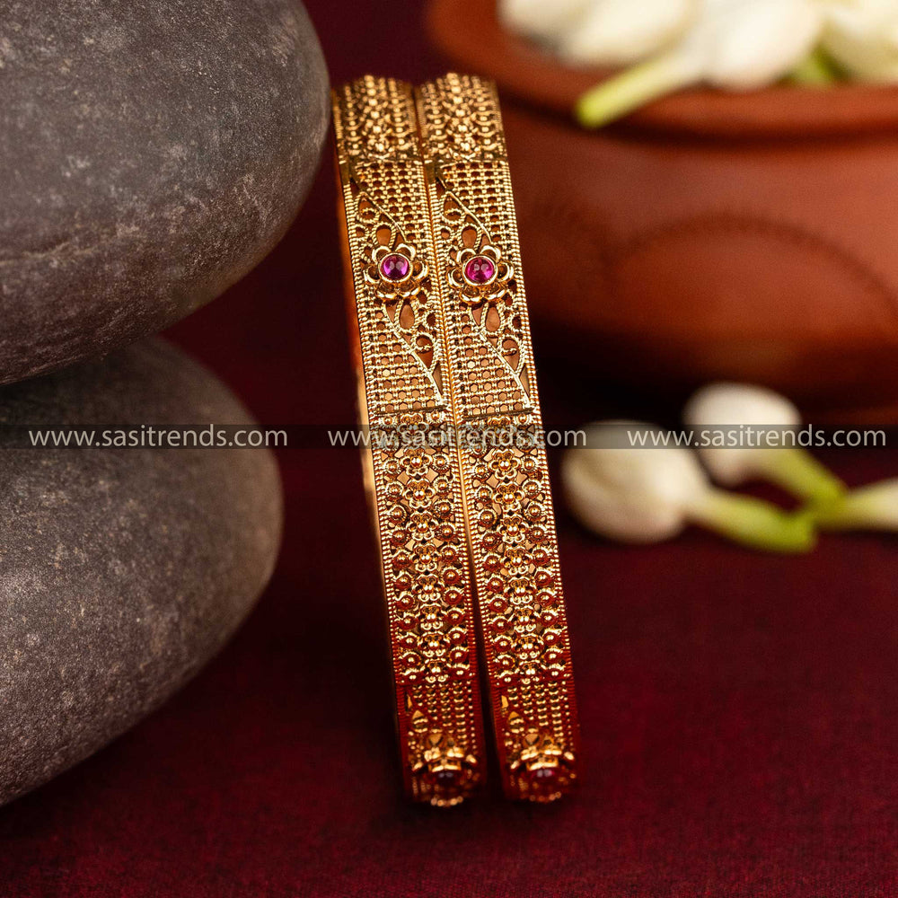 Sasitrends | Traditional Micro Gold-Plated Bangles with American Diamond & Flowers - Sasitrends