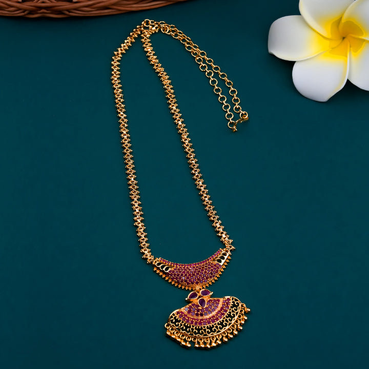 Traditional Micro Gold Plated Long Pendant Gajiri Necklace with American Diamond Stones - Latest Trendy Kerala Style