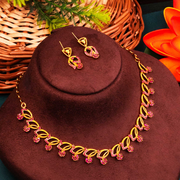 Rich Ruby Temple Matte Gold Plated Leaf Necklace with AD Accents