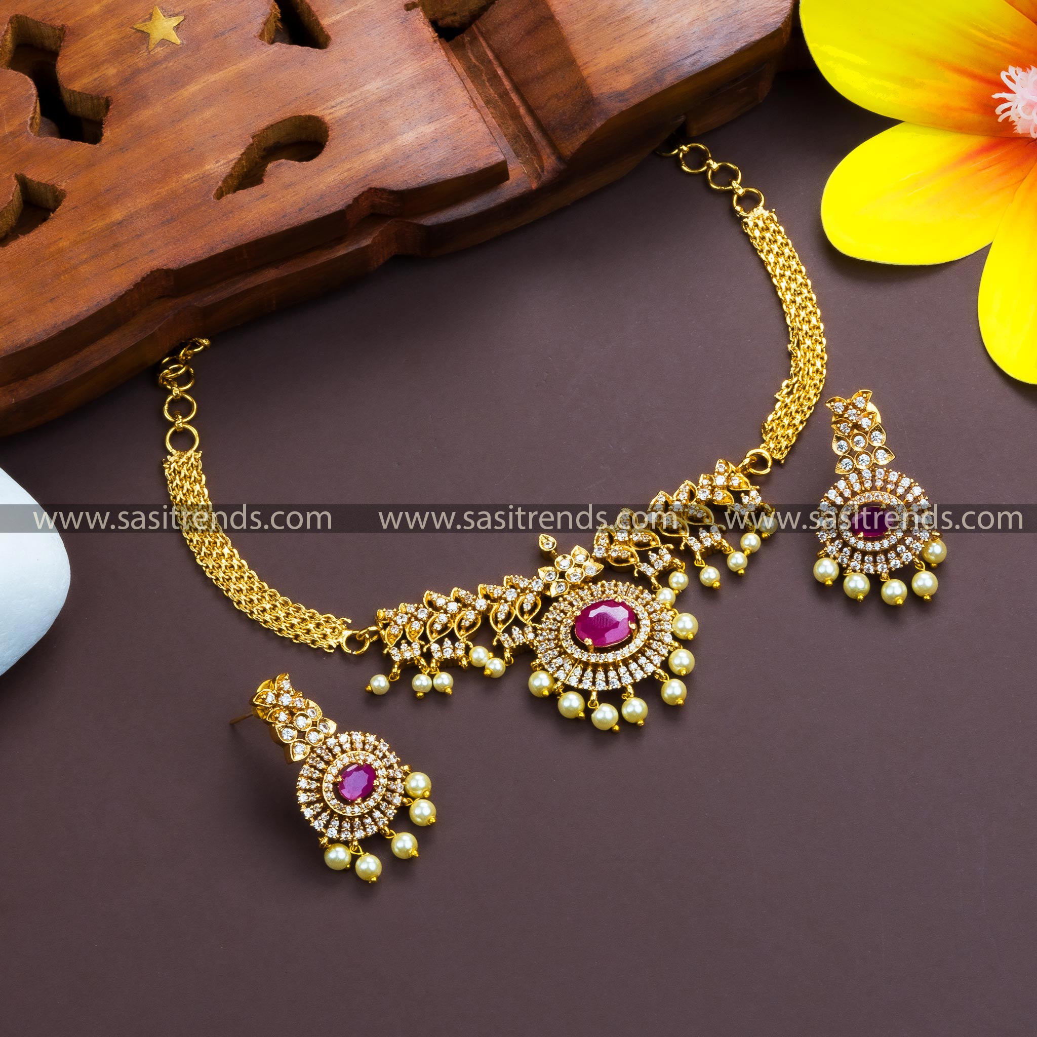 Stunning Temple Gold Plated AD Choker Necklace with Ruby Stone Pendant and Floral Leaf Detailing 