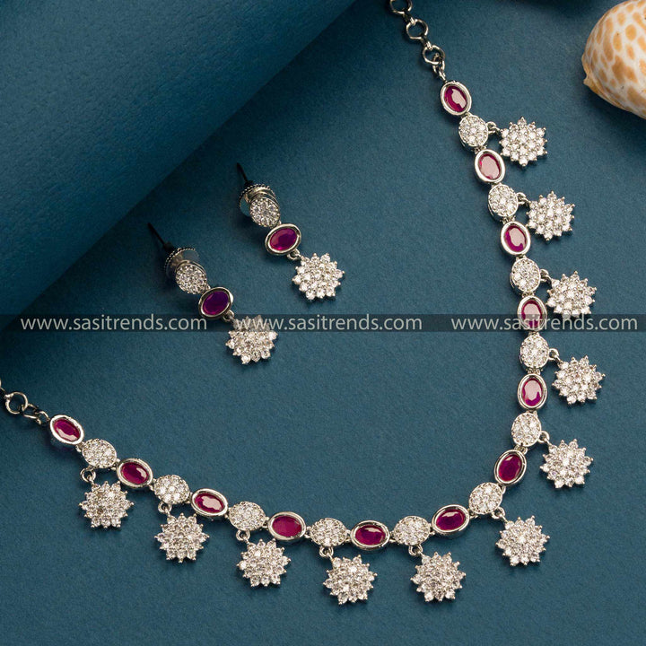 Regal Ruby Floral Necklace Set with American Diamond Stones - Rhodium Silver Plated Trendy Party Wear Jewelry