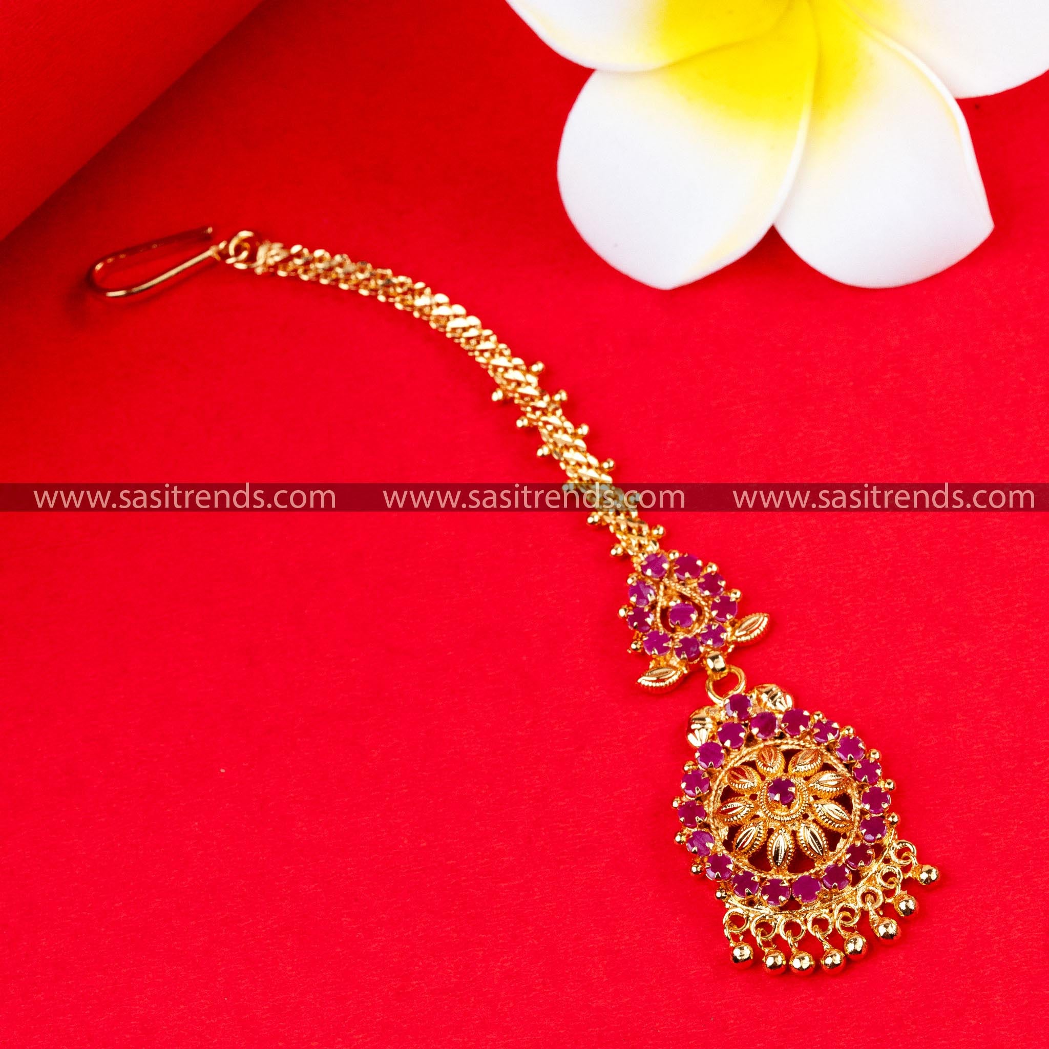 Exquisite Gold Plated Maang Tikka with Full Ruby Color Stone - Elegant Traditional Jewelry