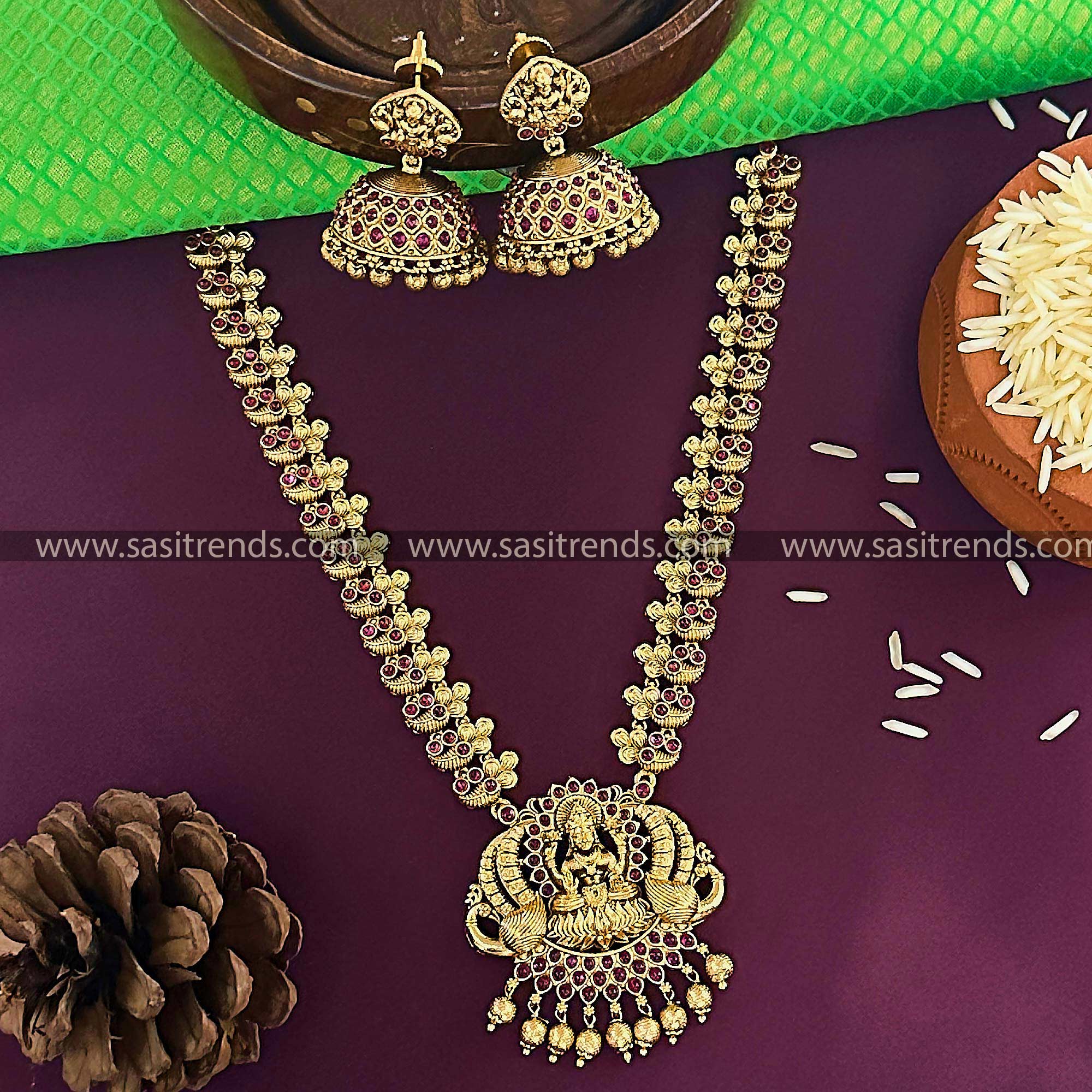 Traditional Bridal Wear Temple Gold Lakshmi Peacock Necklace Set for Women with Jhumkas