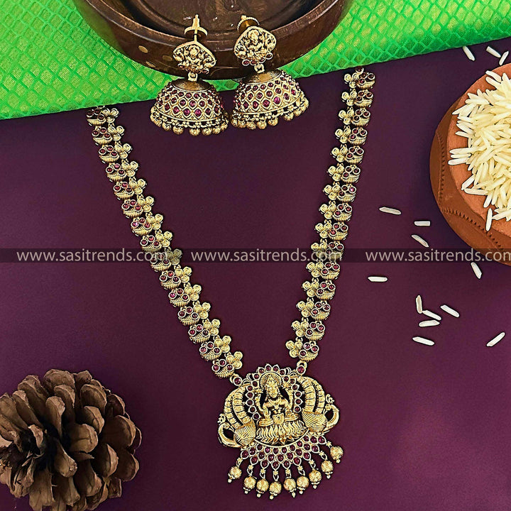 Traditional Bridal Wear Temple Matte Gold Tone Lakshmi Peacock Jewellery Set for Women with Matching Jhumkas | Sasitrends