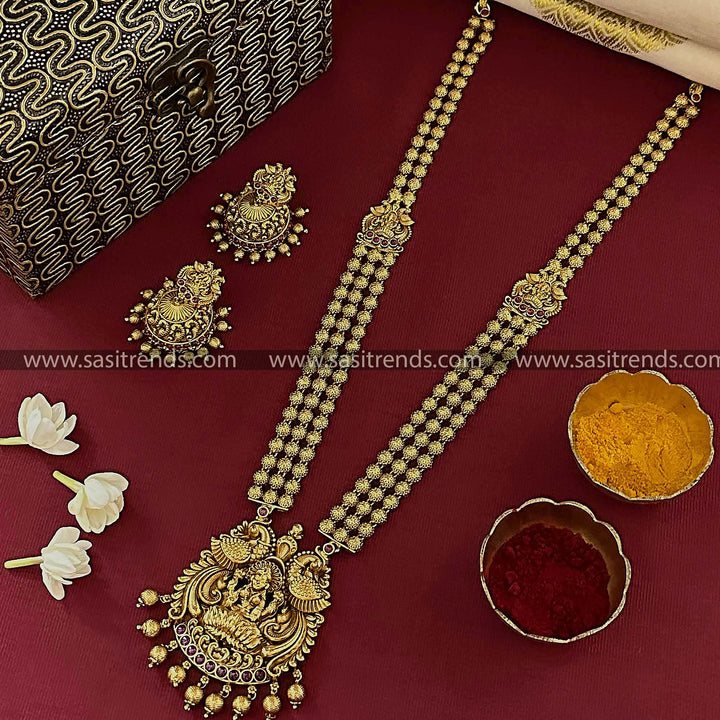 Divine Lakshmi Peacock Triple Layered Matte Gold Plated Long Jewellery Set with Jhumkas | Sasitrends