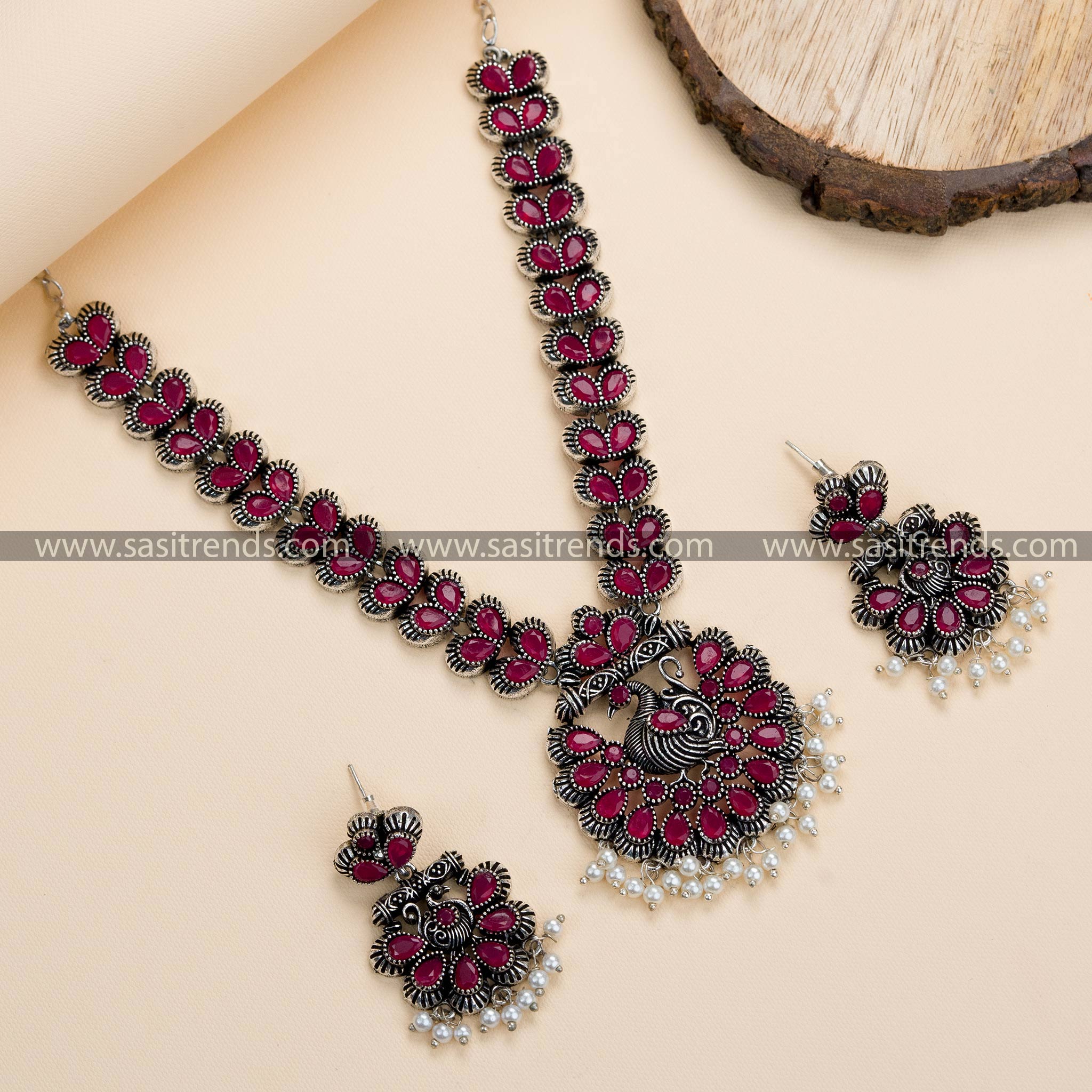 Elegant Peacock Pendant Oxidised Silver Necklace Set with Ruby Stones, Ideal for Occasions